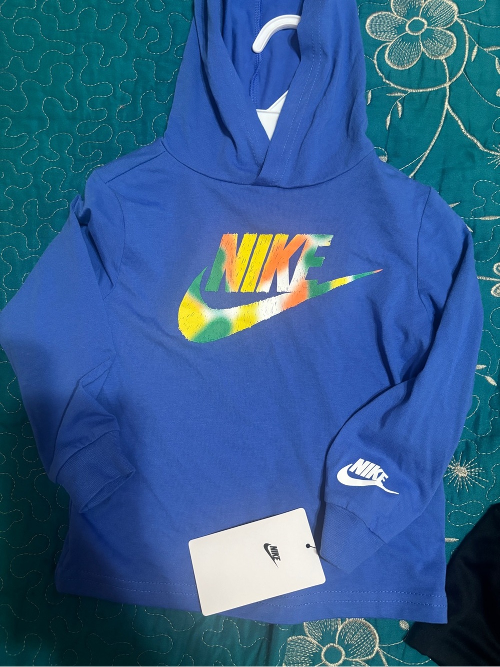 Nike Blue Hoodie Tee with Multicolor Tie-Dye Logo